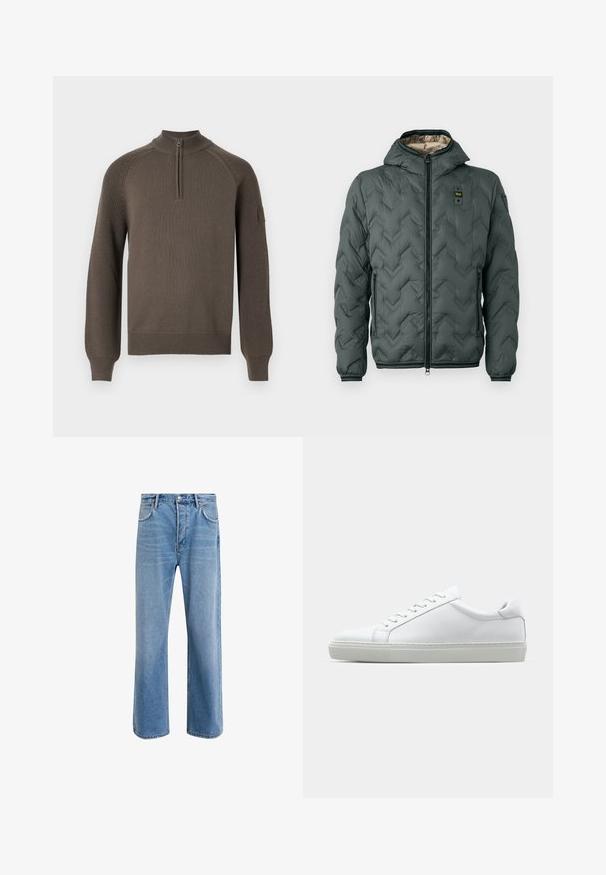 Gevoerde jas in donkergroen met een capuchon, uitgerust met een ritsluiting, chevron-quilting en elastische manchetten. Gecoat met een contrasterend beige materiaal.; Bruine gebreide trui met lange mouwen, een kwart-ritssluiting kraag, geribbelde manchetten en zoom, en een klein patch op de linker mouw.; Lichtblauwe denim jeans met een straight-leg ontwerp, vijf zakken, knoopsluiting, minimale vervaging en contrasterende stikseldetails.; Witte sneaker met een gladlederen bovenwerk en een laag profiel. Voorzien van een ronde neus, zes vetergaatjes en een gestructureerde rubberen zool.