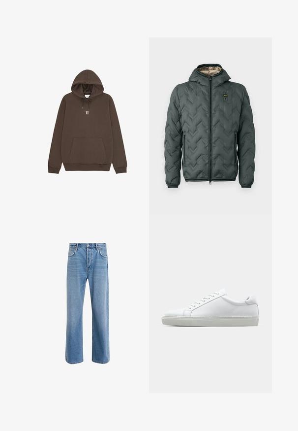 Padded jacket in dark green with a hood, featuring a zip closure, chevron quilting, and elastic cuffs. Lined with a contrasting beige material.; Brown hoodie with a kangaroo pocket, drawstring hood, and a centered "II" in white text. Cotton material with a smooth texture.; Light blue denim jeans with a straight-leg design, five pockets, button closure, minimal fading, and contrasting stitching details.; White sneaker with a smooth leather upper and a low profile. Features a rounded toe, six eyelets, and a textured rubber sole.