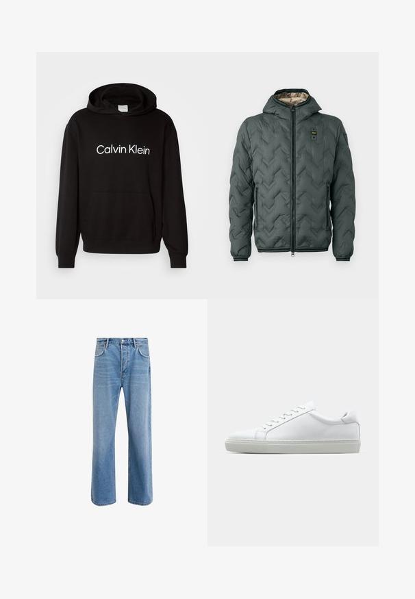 Padded jacket in dark green with a hood, featuring a zip closure, chevron quilting, and elastic cuffs. Lined with a contrasting beige material.; Black cotton hoodie with a front pocket, featuring white "Calvin Klein" logo across the chest and ribbed cuffs and hem.; Light blue denim jeans with a straight-leg design, five pockets, button closure, minimal fading, and contrasting stitching details.; White sneaker with a smooth leather upper and a low profile. Features a rounded toe, six eyelets, and a textured rubber sole.