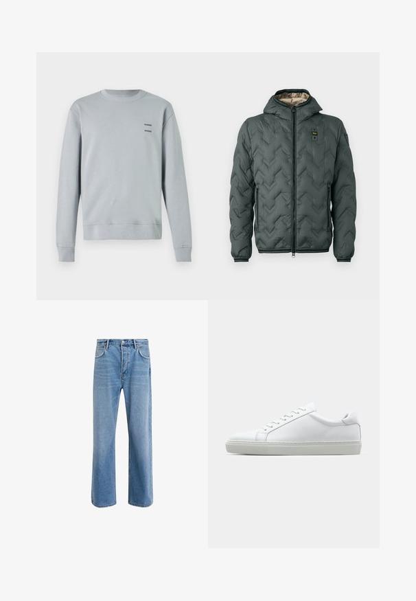 Vadderad jacka i mörkgrön med huva, som har dragkedjestängning, chevronkviltning och elastiska ärmslut. Fodrad med ett kontrasterande beige material.; Ljusgrå sweatshirt i mjukt material, med rund halsringning, ribbade mudd och nederkant, samt två svarta "SAMSØE"-logotyper på bröstet.; Ljust blå denimjeans med rak passform, fem fickor, knappstängning, minimal blekning och kontrasterande sömdetaljer.; Vit sneaker med en slät läderövre och låg profil. Har en rundad tå, sex snörhål och en strukturerad gummisula.