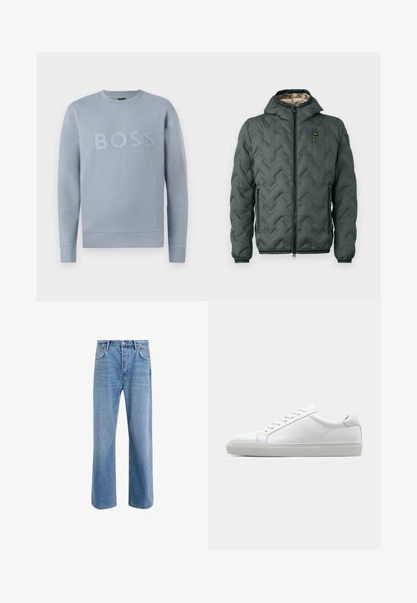 Giacca imbottita verde scuro con cappuccio, caratterizzata da una chiusura con zip, riprese a zigzag e polsini elasticizzati. Foderata con un materiale beige a contrasto.; Felpa azzurra con collo rotondo, maniche lunghe e scritta in rilievo "BOSS" sul davanti. Tessuto liscio con una finitura testurizzata.; Jeans in denim blu chiaro con design a gamba dritta, cinque tasche, chiusura con bottone, leggero sbiadimento e dettagli di cucitura a contrasto.; Sneaker bianco con tomaia in pelle liscia e profilo basso. Presenta una punta arrotondata, sei occhielli e una suola in gomma testurizzata.