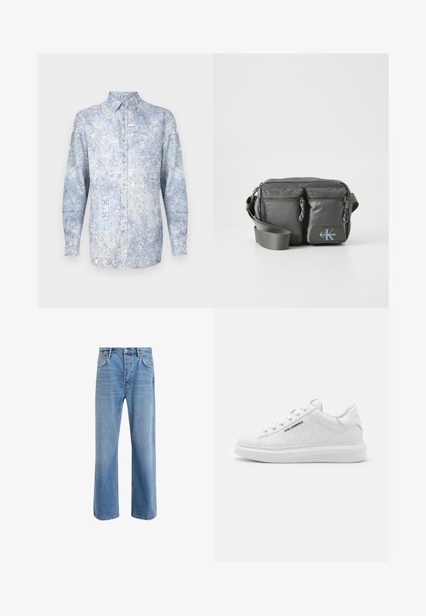Gevoerde jas in donkergroen met een capuchon, uitgerust met een ritsluiting, chevron-quilting en elastische manchetten. Gecoat met een contrasterend beige materiaal.; Lichtblauw overhemd met knopen, voorzien van bloemmotieven, lange mouwen en een klassieke kraag. Gemaakt van zachte stof met een gladde textuur.; Lichtblauwe denim jeans met een straight-leg ontwerp, vijf zakken, knoopsluiting, minimale vervaging en contrasterende stikseldetails.; Witte sneaker van glad leer met een reliëfpatroon. Heeft een ronde neus, vetersluiting aan de voorkant, en een textuurzool. Zilveren logo detail aan de zijkant.; Grijze nylon schoudertas met twee ritsvakjes aan de voorkant, een verstelbare strap en een logo-accent. Soepele textuur met een modern ontwerp.
