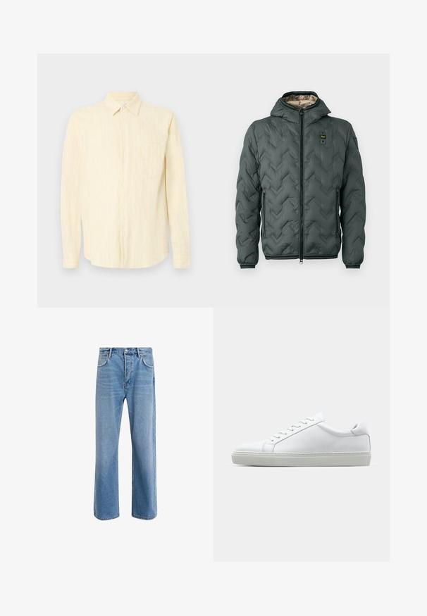 Giacca imbottita verde scuro con cappuccio, caratterizzata da una chiusura con zip, riprese a zigzag e polsini elasticizzati. Foderata con un materiale beige a contrasto.; Camicia button-up gialla chiara con strisce bianche verticali, design con colletto, maniche lunghe e taschino sul petto. Tessuto testurizzato.; Jeans in denim blu chiaro con design a gamba dritta, cinque tasche, chiusura con bottone, leggero sbiadimento e dettagli di cucitura a contrasto.; Sneaker bianco con tomaia in pelle liscia e profilo basso. Presenta una punta arrotondata, sei occhielli e una suola in gomma testurizzata.