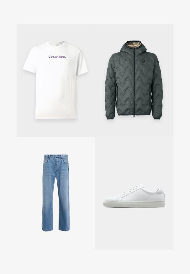 Vaahto takki tummanvihreänä, jossa on huppu, vetoketjukiinnitys, chevron-tikkaukset ja joustavat hihansuut. Vuorattu kontrastoivalla beigen materiaalilla.; Valkoinen puuvillapaidat, jossa on pyöreä pääntie, lyhyet hihat ja purppuranvärinen "Calvin Klein" -logo painettuna rinnan yli.; Vaaleansiniset farkut suoranlahkeisella muotoilulla, viisi taskua, nappisuljenta, vähäinen kuluminen ja kontrastiväriset ompeluyksityiskohdat.; Valkoinen tennari, jossa on sileä nahkapäällinen ja matala profiili. Ominaisuuksiin kuuluu pyöreä kärki, kuusi rei'itystä ja teksturoitu kumipohja.