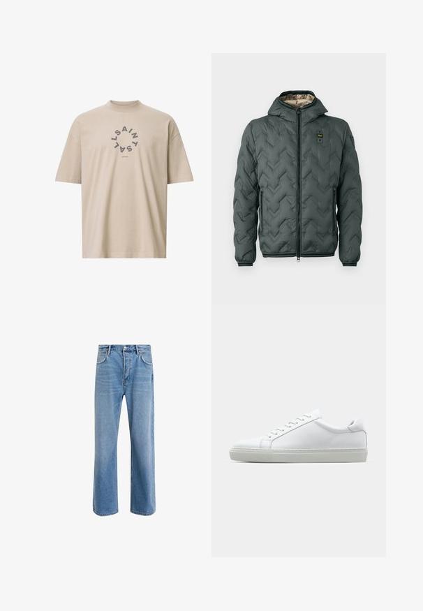 Padded jacket in dark green with a hood, featuring a zip closure, chevron quilting, and elastic cuffs. Lined with a contrasting beige material.; Beige oversized t-shirt made of cotton, featuring a round graphic in dark gray with the text "SAINT LONDON" in the center.; Light blue denim jeans with a straight-leg design, five pockets, button closure, minimal fading, and contrasting stitching details.; White sneaker with a smooth leather upper and a low profile. Features a rounded toe, six eyelets, and a textured rubber sole.
