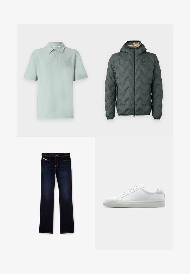 Padded jacket w ciemnozielonym kolorze z kapturem, z zamkiem błyskawicznym, pikowaniem w zygzak oraz elastycznymi mankietami. Podszewka w kontrastowym beżowym materiale.; Jasnozielona koszulka polo z teksturowanej tkaniny, krótkimi rękawami, kołnierzykiem, zapięciem na dwa guziki oraz haftowanym logo na klatce piersiowej.; Granatowe dżinsy typu denim z prostą nogawką, ozdobione pomarańczowymi przeszyciami, z zamkiem błyskawicznym i przednimi kieszeniami. Gładka tekstura oraz standardowy pas.; Białe sneakersy z gładką skórzaną cholewką i niskim profilem. Posiadają okrągły nos, sześć dziurek na sznurówki oraz teksturowaną gumową podeszwę.