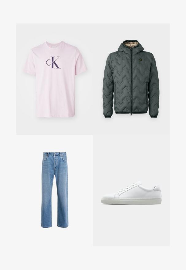 Chaqueta acolchada en verde oscuro con capucha, que presenta un cierre con cremallera, un diseño de acolchado en forma de chevrón y puños elásticos. Forrada con un material beige en contraste.; Camiseta de algodón rosa claro con cuello redondo y mangas cortas, que presenta un logo en azul marino oscuro con 'cK' y 'Calvin Klein' impresos en la parte frontal.; Jeans de mezclilla azul claro con un diseño de pierna recta, cinco bolsillos, cierre de botón, ligeramente desgastados y detalles de costura en contraste.; Zapatilla blanca con parte superior de cuero liso y perfil bajo. Presenta una puntera redondeada, seis ojales y una suela de goma texturizada.