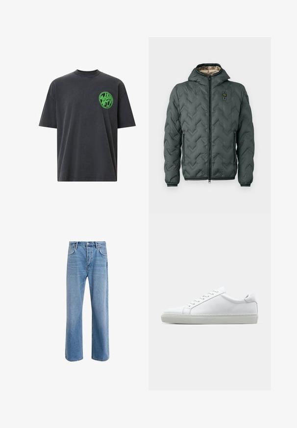 Gevoerde jas in donkergroen met een capuchon, uitgerust met een ritsluiting, chevron-quilting en elastische manchetten. Gecoat met een contrasterend beige materiaal.; Grijze katoenen t-shirt met korte mouwen, ronde hals, voorzien van een cirkelvormig groen logo op de linkerkant van de borst. Glad textuur.; Lichtblauwe denim jeans met een straight-leg ontwerp, vijf zakken, knoopsluiting, minimale vervaging en contrasterende stikseldetails.; Witte sneaker met een gladlederen bovenwerk en een laag profiel. Voorzien van een ronde neus, zes vetergaatjes en een gestructureerde rubberen zool.