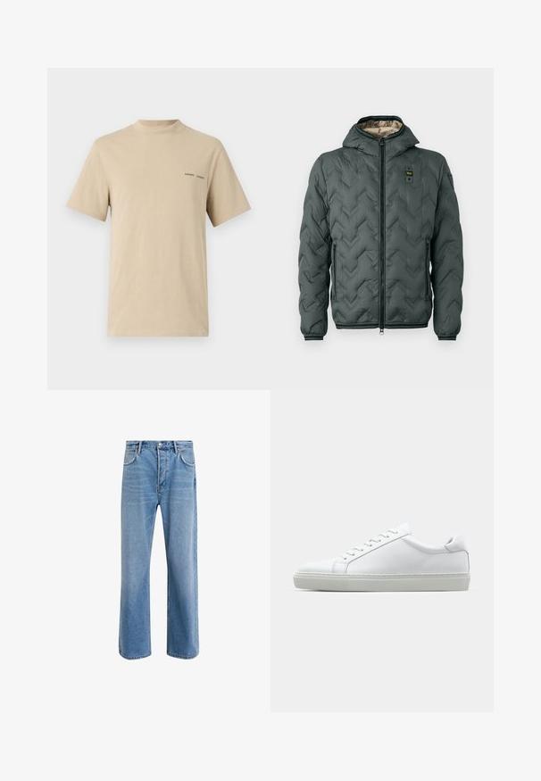 Dunkelgrüne gepolsterte Jacke mit Kapuze, ausgestattet mit einem Reißverschluss, Chevron-Steppung und elastischen Bündchen. Gefüttert mit einem kontrastierenden beigen Material.; Beige Baumwoll-T-Shirt mit rundem Ausschnitt und kurzen Ärmeln. Mit dezentem schwarzen "SAMSOE"-Textlogo auf der Brust.; Helle blaue Jeans im Geradeschnitt-Design, mit fünf Taschen, Knopfverschluss, minimaler Ausbleichung und kontrastierenden Nähdetails.; Weißer Sneaker mit glattem Lederobermaterial und niedrigem Profil. Verfügt über eine runde Zehenpartie, sechs Ösen und eine strukturierte Gummisohle.