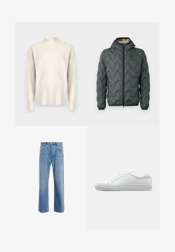 Padded jacket in dark green with a hood, featuring a zip closure, chevron quilting, and elastic cuffs. Lined with a contrasting beige material.; Long-sleeve, mock-neck shirt in light cream cotton. Smooth texture, relaxed fit, minimalist design, no visible patterns or accents.; Light blue denim jeans with a straight-leg design, five pockets, button closure, minimal fading, and contrasting stitching details.; White sneaker with a smooth leather upper and a low profile. Features a rounded toe, six eyelets, and a textured rubber sole.