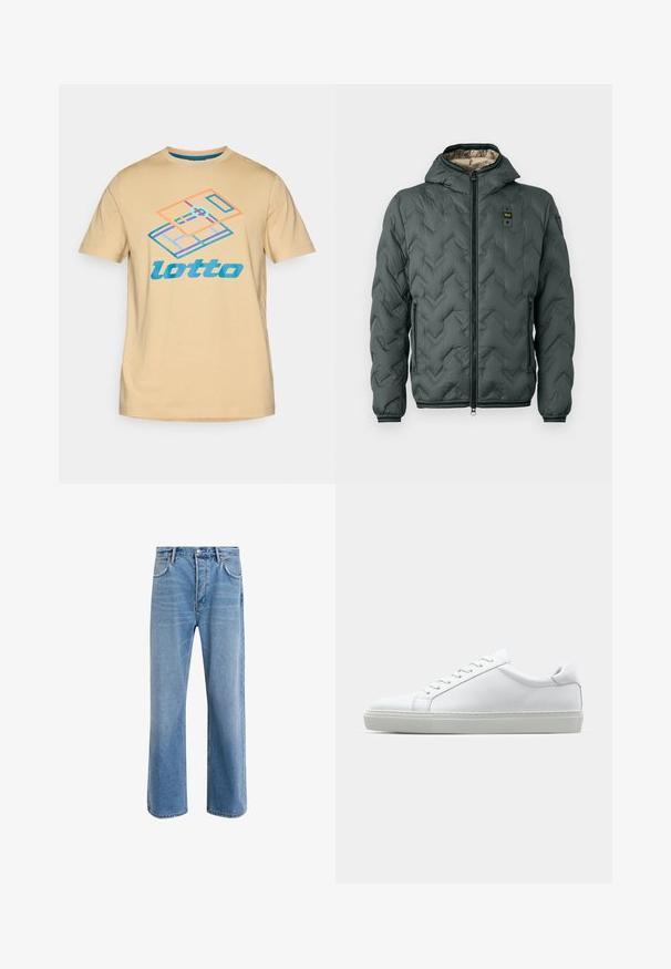Padded jacket in dark green with a hood, featuring a zip closure, chevron quilting, and elastic cuffs. Lined with a contrasting beige material.; Beige cotton t-shirt featuring a colorful graphic of a tennis court and the logo "lotto" in blue, with short sleeves and a crew neckline.; Light blue denim jeans with a straight-leg design, five pockets, button closure, minimal fading, and contrasting stitching details.; White sneaker with a smooth leather upper and a low profile. Features a rounded toe, six eyelets, and a textured rubber sole.