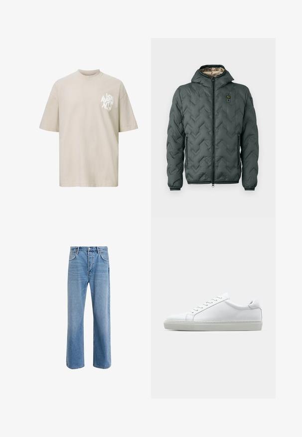 Padded jacket in dark green with a hood, featuring a zip closure, chevron quilting, and elastic cuffs. Lined with a contrasting beige material.; Beige oversized short-sleeve T-shirt with white abstract text logo on the left chest area.; Light blue denim jeans with a straight-leg design, five pockets, button closure, minimal fading, and contrasting stitching details.; White sneaker with a smooth leather upper and a low profile. Features a rounded toe, six eyelets, and a textured rubber sole.