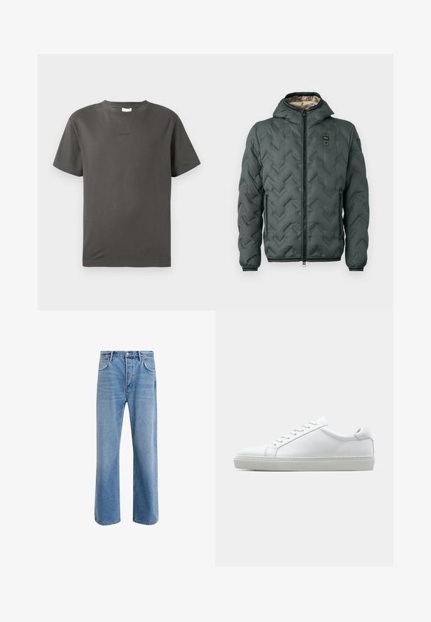 Polstret jakke i mørkegrøn med hætte, med lynlåslukning, chevron-quilting og elastiske manchetter. Futteret med et kontrastfarvet beige materiale.; Grå bomulds t-shirt med rund hals og korte ærmer. Har et lille, diskret logo på forsiden. Glat tekstur og klassisk pasform.; Lyseblå denim jeans med lige ben-design, fem lommer, knaplukning, minimal falming og kontraststingdetaljer.; Hvide sneakers med en glat læderoverdel og lav profil. Har en rund tå, seks snørehuller og en tekstureret gummisål.