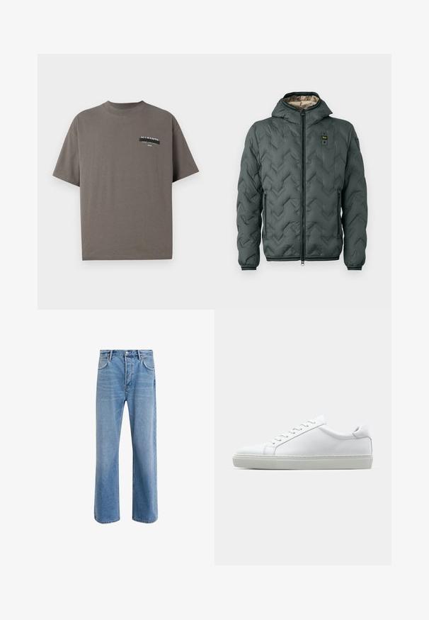 Sötétzöld párnázott dzseki kapucnival, cipzárral, chevron steppelésű kialakítással és rugalmas mandzsettákkal. Kontrasztos bézs béléssel rendelkezik.; Szürke pamut póló kerek nyakkivágással, rövid ujjal, és egy logózott zsebbes nyomtatással, amelyen az "ALL SAINTS" és további szöveg szerepel.; Világoskék farmernadrág, egyenes szárú fazonnal, öt zsebbel, gombos záródással, minimális kopással és kontrasztos varrással.; Fehér sportcipő sima bőr felső résszel és alacsony profilsal. Kerek orr, hat fűzőlyuk és barázdált gumitalp jellemzi.