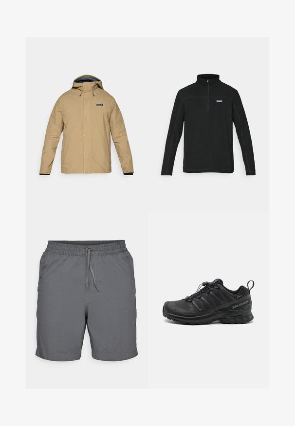 Beige vandtæt jakke med hætte, trykknapper og en sort indvendig foring. Har et logo-patch på venstre bryst og justerbare manchetter.; Sorte fleece pullover med lynlås ved halsen, lange ærmer, flade sømme og logo på venstre bryst. Glat tekstur, afslappet stil og alsidigt design.; Grå shorts lavet af letvægtsstof med elastisk talje og snøre. Har en glat tekstur og længde over knæet.; Sort atletik sko med en struktureret syntetisk overdel, polstret sål og et hurtiglukkesystem. Har forstærket tå og hæl.