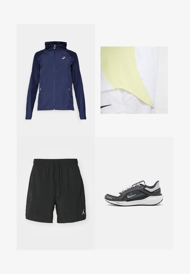Jachetă cu glugă de culoare albastru marin, fabricată din material ușor, având fermoar complet, buzunare laterale și accente galbene în contrast.; Cămașă sport cu mânecă scurtă, având un corp alb cu un panou curbat texturat de un galben deschis, accentuat de un logo negru în partea de jos a frontului.; Șorturi sport negre dintr-un material ușor. Dispune de un talie elastică cu șnur și un mic logo alb în colțul stâng jos.; Încălțăminte sport neagră și gri, cu partea superioară din plasă, accente reflectorizante și o talpă intermediară albă. Dispune de o talpă din cauciuc texturat și șireturi.