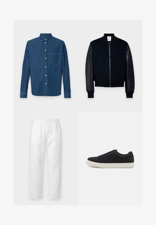 Navy bomber jacket with wool body and leather sleeves, ribbed cuffs and hem, zip closure, and side pockets. Smooth texture and fitted design.; Dark blue denim shirt with long sleeves, button-up front, collar, and a single chest pocket. Features a smooth texture and standard fit.; White linen pants featuring an elastic waistband, straight-leg fit, and soft texture with no visible patterns or hardware details.; Black suede sneaker with a rounded toe, white rubber sole, contrasting blue laces, and a smooth texture. Minimalist design with no visible logo.