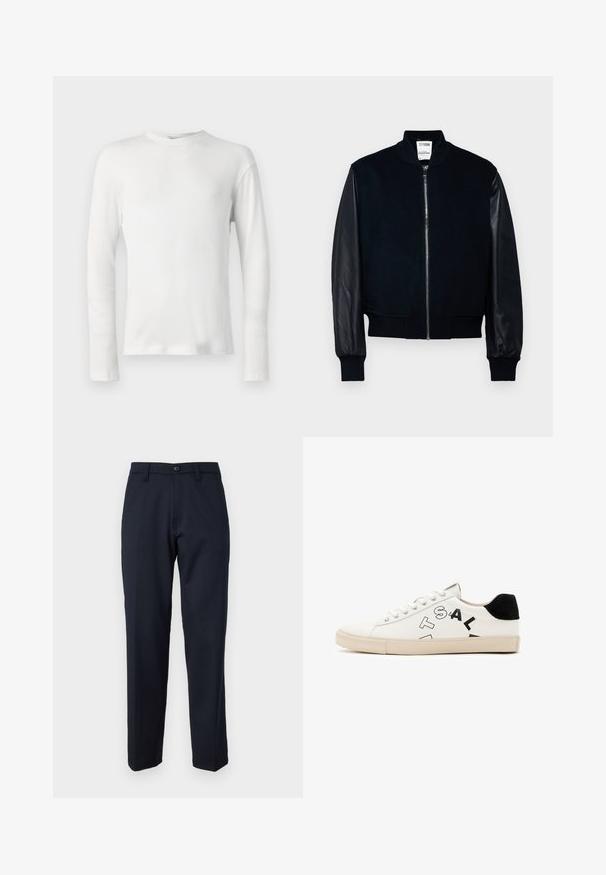 Veste de bombardier marine avec un corps en laine et des manches en cuir, poignets et ourlet côtelés, fermeture éclair et poches latérales. Texture lisse et design ajusté.; Chemise blanche à manches longues en côtes, avec encolure ras du cou, présentée sur un fond blanc.; Pantalon bleu marine en tissu lisse, doté d'un bouton avant, d'un design à jambes droites et de poches latérales. Pas de motifs ni d'ornements visibles.; Sneaker en cuir blanc avec des accents noirs au talon, présentant de grandes lettres noires sur le côté et une semelle en caoutchouc. Design minimaliste.