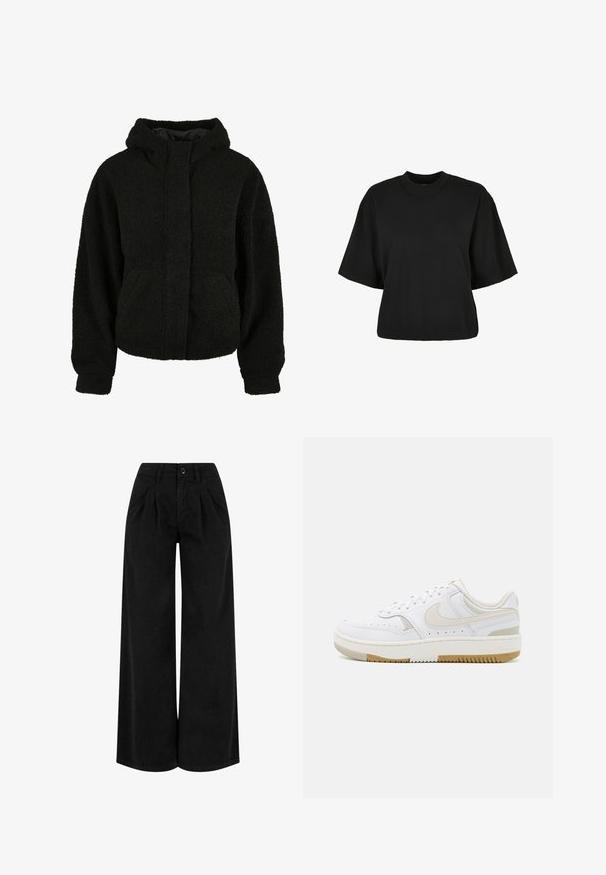 Fekete gyapjúkabát, amely kapucnival, elülső zsebekkel és texturált, bolyhos külső réteggel rendelkezik a melegség érdekében. Enyhén rövidített szabás, rugalmas mandzsettákkal.; Fekete, rövid ujjú, pamut crop póló. Kerek nyakkivágással rendelkezik. Simára készült textúrája van, egyszerű dizájn, nincs rajta további minta.; Fekete, bő szárú nadrág könnyű anyagból, elöl redőkkel, gombos záródással és tiszta szegéllyel.; Fehér sportcipők sima bőr felsőrésszel, világos bézs díszítéssel, perforált részletekkel és sötétbarna gumitalppal. Minimalista design.