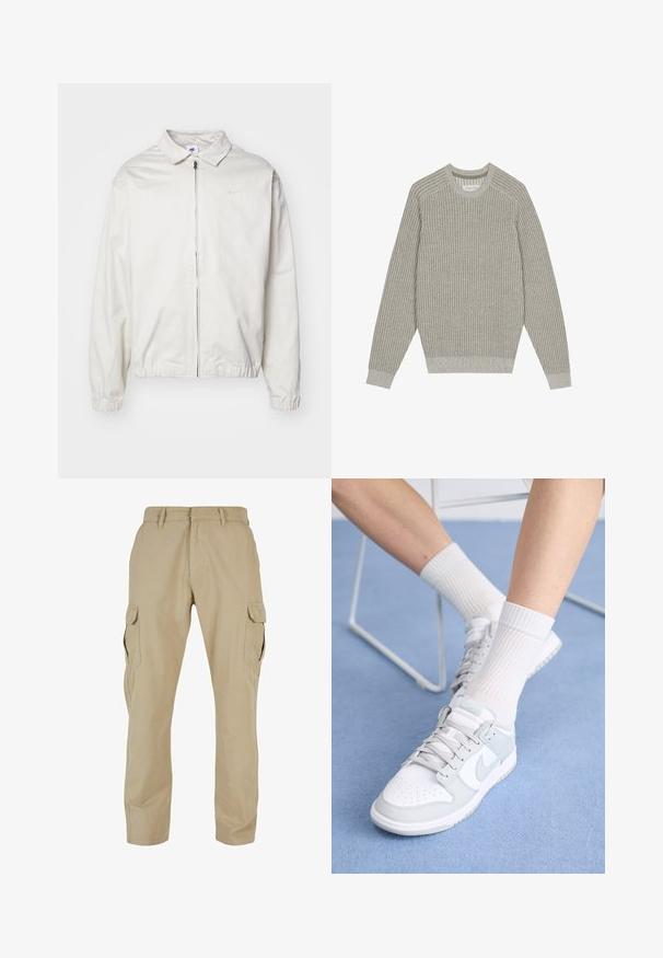 Bílá, lehká bunda Nike s límečkem, předním zipem, elastickými manžetami a malým logem na levé hrudi. Hladký povrch.; Svetle šedý pletený svetr s žebrovanou strukturou, kulatým výstřihem a dlouhými rukávy. Jednoduchý design, elastické lemy, minimální detaily.; Beige cargo kalhoty vyrobené z bavlněného kepru, s několika bočními kapsami, rovný střih a zipovým zapínáním s poutky na opasek.; Bílé tenisky s světle modrými akcenty, kožený svršek, perforovaný špička, silné tkaničky a žebrované bílé ponožky na modrém pozadí.