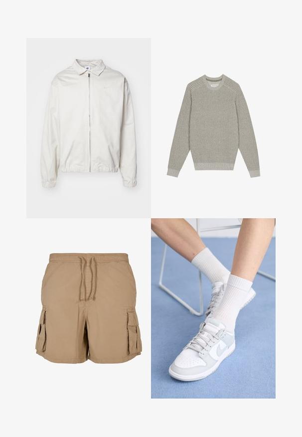 Weiße, leichte Nike-Jacke mit kragenförmigem Ausschnitt, Reißverschluss vorne, elastischen Bündchen und einem kleinen Logo auf der linken Brust. Glatte Textur.; Hellgrauer Strickpullover mit gerippter Textur, Rundhalsausschnitt und langen Ärmeln. Einfaches Design, elastische Säume, minimale Details.; Beige Cargo-Shorts aus leichtem Stoff mit einem Kordelzugbund, zwei Seitentaschen und zwei Cargo-Taschen. Einfaches, funktionales Design.; Weiße Sneakers mit hellblauen Akzenten, Obermaterial aus Leder, perforierte Zehenpartie, dicke Schnürsenkel und gerippte weiße Socken vor einem blauen Hintergrund.