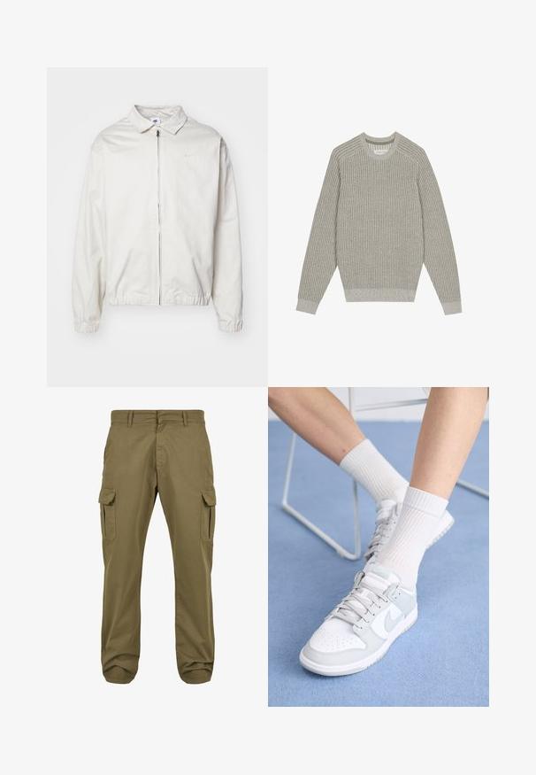 Balta, lengva Nike striukė su apykakle, priekiniais užtrauktuku, elastingomis rankogaliais ir maža logotipu kairiajame krūtinės kampe. Lygus paviršius.; Šviesiai pilkas megztinis su išlyginta tekstūra, apvaliu kaklu ir ilgomis rankovėmis. Paprastas dizainas, elastingi kraštai, minimalus detalizavimas.; Žali cargo kelnės su tiesiu siluetu, pagamintos iš medvilnės, turi šonines kišenes ir mygtukų užsegimą funkcionalumui. Sklandi tekstūra, laisvalaikio dizainas.; Balti sportiniai batai su šviesiai mėlynomis detalėmis, odinė viršutinė dalis, perforuota pirštų dalis, storos raiščiai ir baltiesiems raišteliai prieš mėlyną foną.