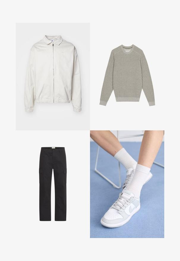 White, lightweight Nike jacket with a collared neckline, front zipper, elastic cuffs, and a small logo on the left chest. Smooth texture.; Light gray knit sweater with ribbed texture, crew neck, and long sleeves. Simple design, elasticated hems, minimal detailing.; Black cargo pants made from durable fabric, featuring two side pockets, a straight leg design, and a button closure at the waist.; White sneakers with light blue accents, leather upper, perforated toe, thick laces, and ribbed white socks against blue background.