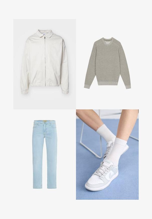 Biela, ľahká bunda Nike s golierom, predným zipsom, elastickými manžetami a malým logom na ľavej strane hrudníka. Hladká textúra.; Svetlý šedý pletený sveter s rebrovanou textúrou, okrúhlym výstrihom a dlhými rukávmi. Jednoduchý dizajn, elastické lemy, minimálne detaily.; Svetlomodré džínsy s rovný strihom, dizajnom s piatimi vreckami, jemným vyblednutím a klasickým pásom s predným zapínaním na gombík.; Biele tenisky s svetlomodrými akcentmi, kožený zvršok, perforovaná špička, hrubé šnúrky a rebrové biele ponožky na modrom pozadí.