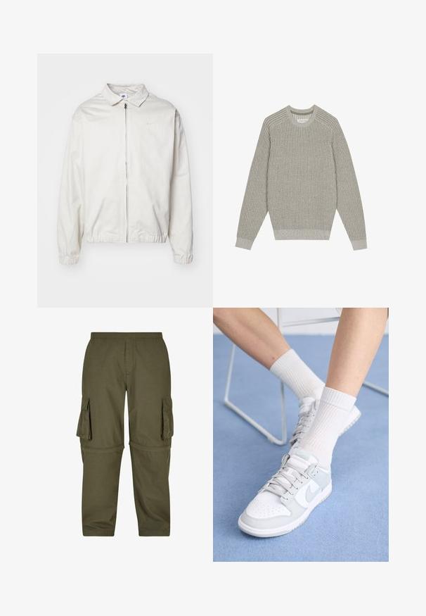 Valge, kerge Nike jakk, milles on krae, ees lukk, elastsed mansetid ja väike logo vasakul rinnal. Sile tekstuur.; Hele halli kudumüts ribatekstuuriga, ümar kaelus ja pikad varrukad. Lihtne disain, elastsed äärised, minimaalne detailirohkuses.; Oliivroheline cargo-püksid, mis on valmistatud kergest kangast, millel on mitu küljetaskut, elastne vöökoht ja sirge lõike disain.; Valged tennisetossud helesiniste detailidega, nahast ülemine osa, perforeeritud varvas, paksed lingid ja ribakujulised valged sokid sinise tausta vastu.