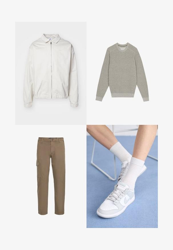 Chaqueta blanca y ligera de Nike con cuello tipo camisa, cremallera frontal, puños elásticos y un pequeño logotipo en el lado izquierdo del pecho. Textura suave.; Suéter de punto gris claro con textura acanalada, cuello redondo y mangas largas. Diseño simple, costuras elásticas, detalles mínimos.; Pantalones cargo de algodón en marrón apagado. Presentan un cierre de botón, bolsillos laterales, piernas rectas y una textura suave. Aptos para uso casual.; Zapatillas blancas con acentos azul claro, parte superior de cuero, puntera perforada, cordones gruesos y calcetines blancos de canalé sobre un fondo azul.