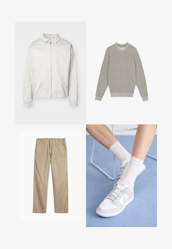 Bijela, lagana Nike jakna s ovratnikom, prednjim patentnim zatvaračem, elastičnim rukavima i malim logom na lijevoj strani prsa. Glatka tekstura.; Svijetlosivi pleteni pulover s rebrastom teksturom, okruglim izrezom i dugim rukavima. Jednostavan dizajn, rastezljivi rubovi, minimalni detalji.; Bež chinos hlače ravnog kroja s petljama za remen, prednjim gumbom i zatvaranjem nazip, te kosi prednjim džepovima.; Bijele tenisice s svijetloplavim detaljima, gornji dio od kože, perforirana cipela, debele vezice i rebraste bijele čarape na plavoj pozadini.