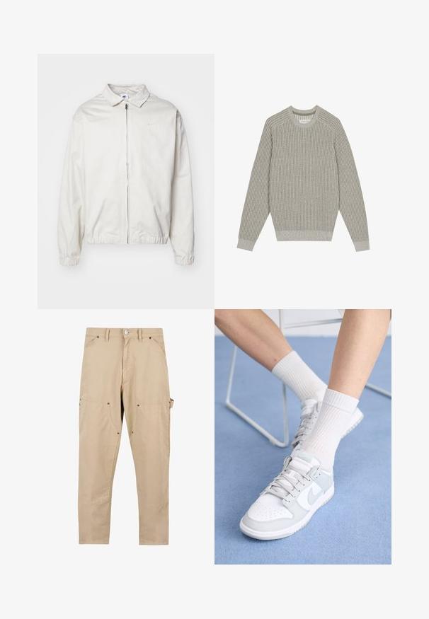 Veste Nike blanche et légère avec un col, fermeture éclair à l'avant, poignets élastiques et un petit logo sur la poitrine gauche. Texture lisse.; Pull en maille gris clair avec texture côtelée, col rond et manches longues. Design simple, ourlets élastiqués, détails minimalistes.; Pantalon cargo beige en coton. Comprend plusieurs poches, une coupe droite et un système de fermeture à boutons avec des détails en métal.; Baskets blanches avec des accents bleu clair, tige en cuir, bout perforé, lacets épais et chaussettes blanches côtelées sur fond bleu.