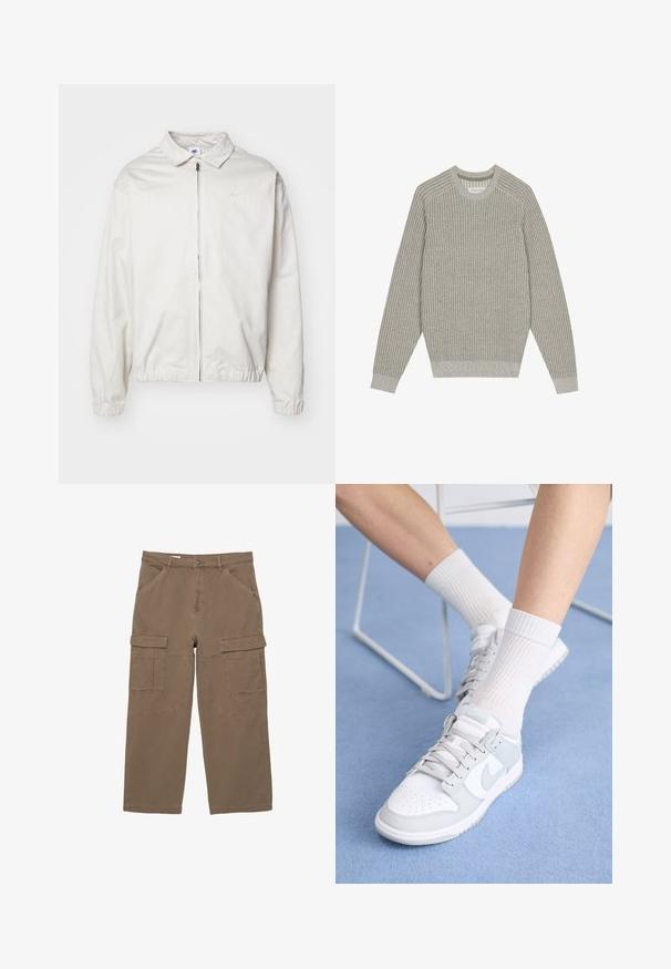 Valkoinen, kevyt Nike-takki, jossa on kauluksellinen kaula-aukko, etuvetoketju, joustavat hihansuut ja pieni logo vasemmalla rinnalla. Sujuva pinta.; Vaaleanharmaa neulepaita, jossa on ribbikuviointi, pyöreä kaulus ja pitkät hihat. Yksinkertainen muotoilu, joustavat helmat, minimimekko.; Khawaa dhotiya mawan ki dhoti, jo cotton ke kapde se bani hai, relaxed fit, do aage ke pockets, aur do bade thigh pockets ke saath.; Valkoiset tennarit vaaleansinisillä yksityiskohdilla, nahkainen yläosa, rei'itetty varvas, paksut nauhat ja ribattu valkoinen sukka sinistä taustaa vasten.