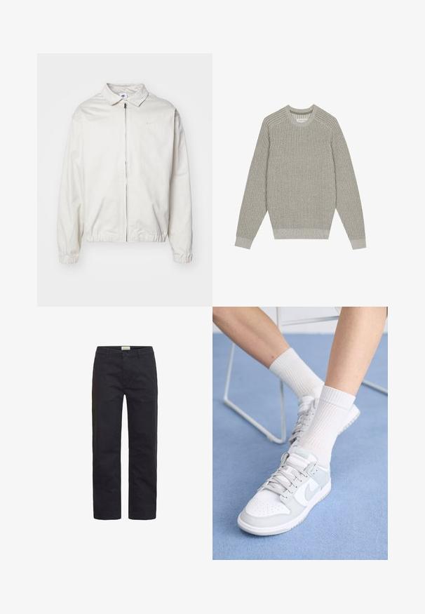 Valkoinen, kevyt Nike-takki, jossa on kauluksellinen kaula-aukko, etuvetoketju, joustavat hihansuut ja pieni logo vasemmalla rinnalla. Sujuva pinta.; Vaaleanharmaa neulepaita, jossa on ribbikuviointi, pyöreä kaulus ja pitkät hihat. Yksinkertainen muotoilu, joustavat helmat, minimimekko.; Mustat puuvillahousut suoran lahkeiden muotoilulla, joissa on edessä nappisuljenta, vyölenkit ja minimaalinen yksityiskohtaisuus.; Valkoiset tennarit vaaleansinisillä yksityiskohdilla, nahkainen yläosa, rei'itetty varvas, paksut nauhat ja ribattu valkoinen sukka sinistä taustaa vasten.