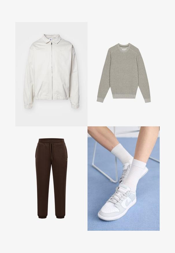 Chaqueta blanca y ligera de Nike con cuello tipo camisa, cremallera frontal, puños elásticos y un pequeño logotipo en el lado izquierdo del pecho. Textura suave.; Suéter de punto gris claro con textura acanalada, cuello redondo y mangas largas. Diseño simple, costuras elásticas, detalles mínimos.; Pantalones de chándal marrón con cintura elástica, cordón ajustable, bolsillos laterales y puños de canalé en los tobillos. Textura de tela suave y diseño sencillo.; Zapatillas blancas con acentos azul claro, parte superior de cuero, puntera perforada, cordones gruesos y calcetines blancos de canalé sobre un fondo azul.
