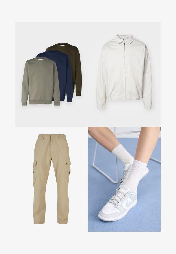 Vit, lättvikts Nike-jacka med krage, dragkedja framtill, elastiska ärmslut och en liten logotyp på vänster bröst. Slät textur.; Tre crewneck-tröjor i olivgrön, marinblå och ljusgrå. I bomulls material med ribbade mudd och nederkant. Slät textur, enkelt design.; Beige cargobyxor tillverkade av bomullstwill, med flera sidofickor, rak bendesign och dragkedja med bältesöglor.; Vita sneakers med ljusblå detaljer, läderöverdel, perforerad tå, tjocka snörningar och ribbade vita strumpor mot en blå bakgrund.