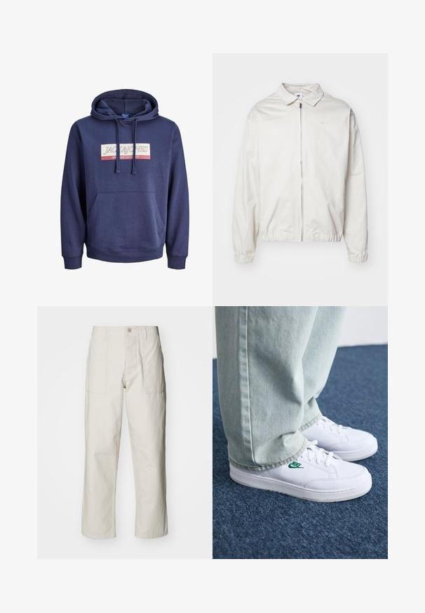 Giacca Nike bianca, leggera, con colletto, zip frontale, polsini elasticizzati e un piccolo logo sul lato sinistro del petto. Texture liscia.; Felpa con cappuccio blu navy realizzata in tessuto misto cotone, dotata di una tasca a marsupio frontale, cappuccio con cordino e un design grafico del logo sulla parte centrale.; Pantaloni a gamba larga beige chiaro in cotone. Presentano tasche frontali e chiusura con bottone. Tessuto liscio con sottili linee verticali.; Sneakers in pelle bianca con logo Nike verde, punta rotonda, suola piatta, abbinati a pantaloni in denim azzurro, mostrati su un tappeto blu.