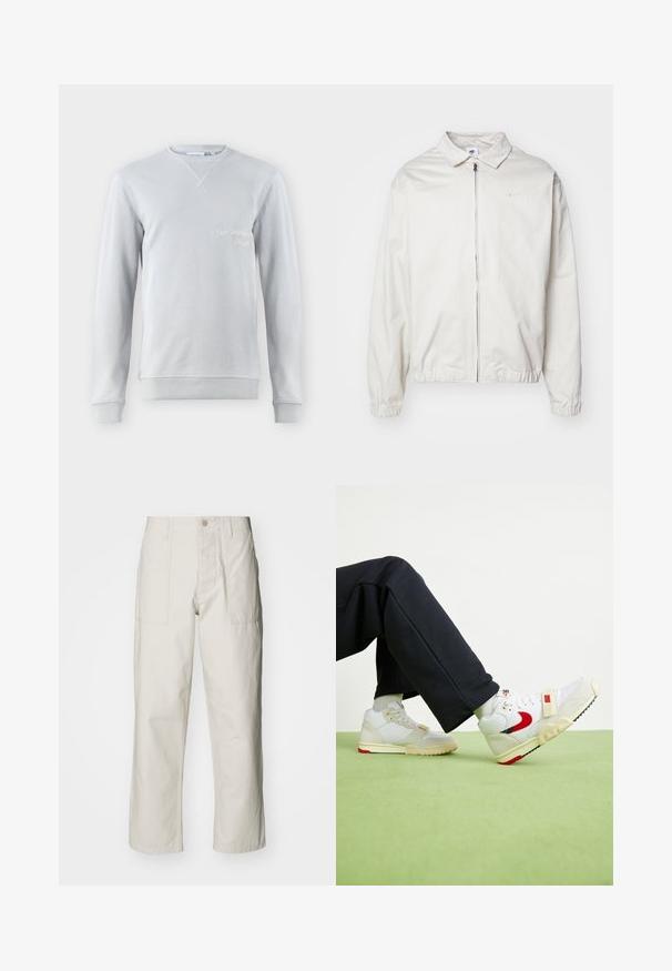 Bílá, lehká bunda Nike s límečkem, předním zipem, elastickými manžetami a malým logem na levé hrudi. Hladký povrch.; Světle šedá mikina, směs bavlny, kulatý výstřih, žebrování na límci a manžetách, na přední straně má vyšitý text "SAN BERNARD CALIF."; Světle béžové kalhoty s širokými nohavicemi vyrobené z bavlny. Obsahují přední kapsy a zapínání na knoflík. Hladký povrch s jemnými vertikálními pruhy.; Bílé a krémové tenisky s červeným akcentem, vyrobené z prodyšného a semišového materiálu, s texturovanými detaily a páskem přes přední část.