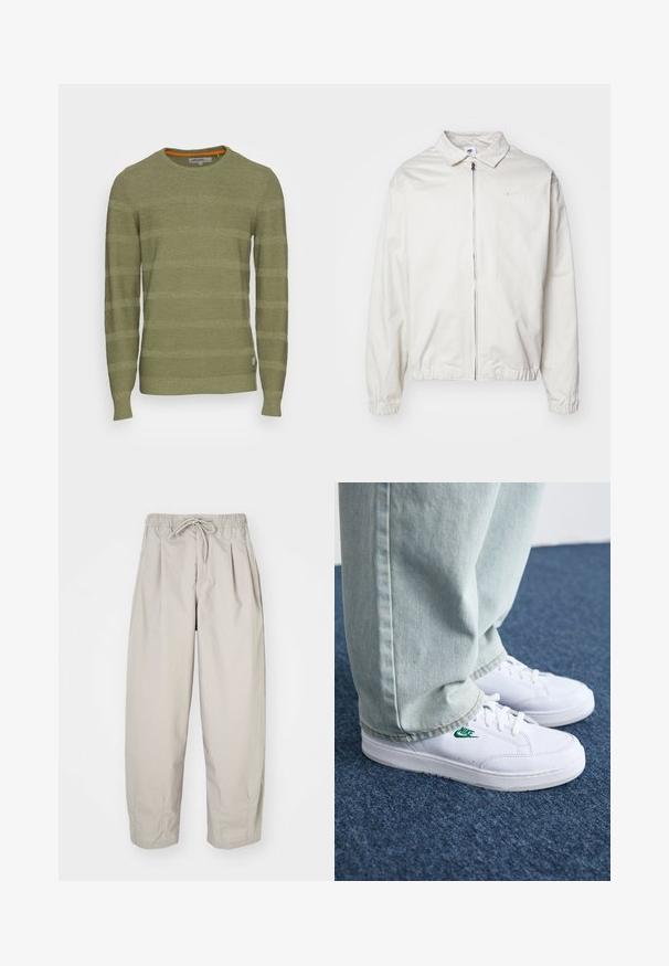 Casaco Nike branco e leve, com gola, fecho frontal, punhos elásticos e um pequeno logótipo no lado esquerdo do peito. Textura suave.; Blend Camisola - loden green; Calças leves, bege, com cintura elástica e cordão. Apresenta pregas e um corte largo, confeccionadas em tecido suave e liso.; Tênis de couro brancos com logo verde da Nike, bico redondo, sola plana, combinados com calças de denim azul claro, exibidos sobre um tapete azul.