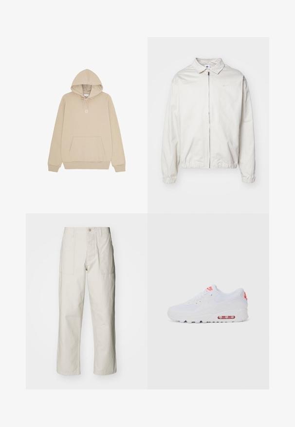 Weiße, leichte Nike-Jacke mit kragenförmigem Ausschnitt, Reißverschluss vorne, elastischen Bündchen und einem kleinen Logo auf der linken Brust. Glatte Textur.; Beige Kapuzenpullover mit Kängurutasche vorne, verstellbarer Kapuze mit Kordelzug, gerippten Bündchen und weißem "II"-Aufdruck auf der Brust.; Helle beige weit geschnittene Hose aus Baumwolle. Verfügt über Fronttaschen und einen Knopfverschluss. Glatte Textur mit dezenten vertikalen Streifen.; Weiße Sportsneaker mit einem glatten Obermaterial, Schnürverschluss, gepolsterter Sohle und einem sichtbaren Luftpolster mit roten Akzenten im Branding.