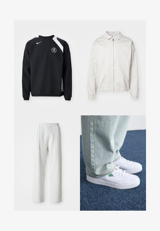 Balta, lengva Nike striukė su apykakle, priekiniais užtrauktuku, elastingomis rankogaliais ir maža logotipu kairiajame krūtinės kampe. Lygus paviršius.; Juodas džemperis su baltais akcentais, apvaliu iškirpimu, ilgomis rankovėmis ir įtemptomis rankogaliais. Su Nike logotipu ir apvaliu Chelsea FC emblemu.; Balti kasualūs keliai su elastinga juosta ir didelėmis priekinių kišenėmis, pavaizduoti ant paprasto šviesaus fono.; Balti odiniai sportbačiai su žaliu Nike logotipu, apvalia nosimi, plokščiu padu, derinami su šviesiai mėlynomis džinsinėmis kelnėmis, rodomi ant mėlynos kiliminės dangos.