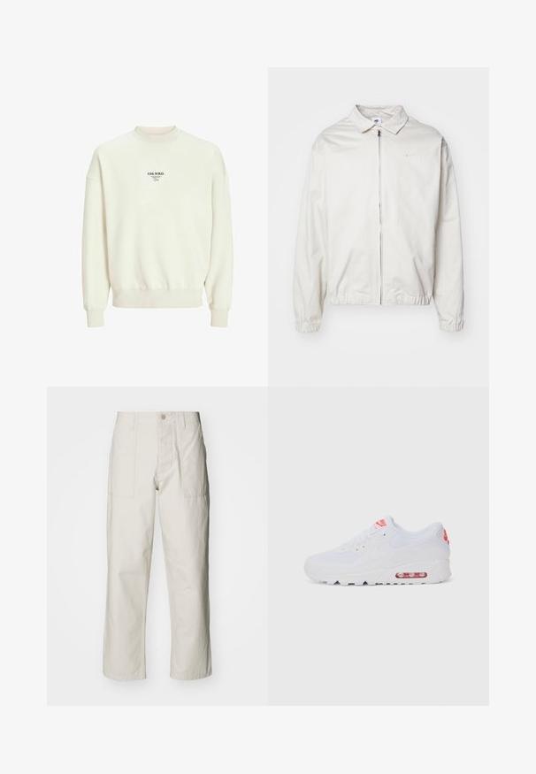 Hvit, lett Nike-jakke med kragehals, glidelås foran, elastiske mansjetter og en liten logo på venstre bryst. Glatt tekstur.; Crèmfarget genser med ribbestrikket rund hals, elastiske mansjetter og nederkant. Har trykt logo i svart på forsiden. Myk tekstur.; Lyse beige vide bukser laget av bomull. Har frontlommer og knappelukking. Jevn tekstur med subtile vertikale linjer.; Hvite atletiske joggesko med glatt overdel, snøring, polstret såle og synlig luftenhet med røde detaljer på merket.