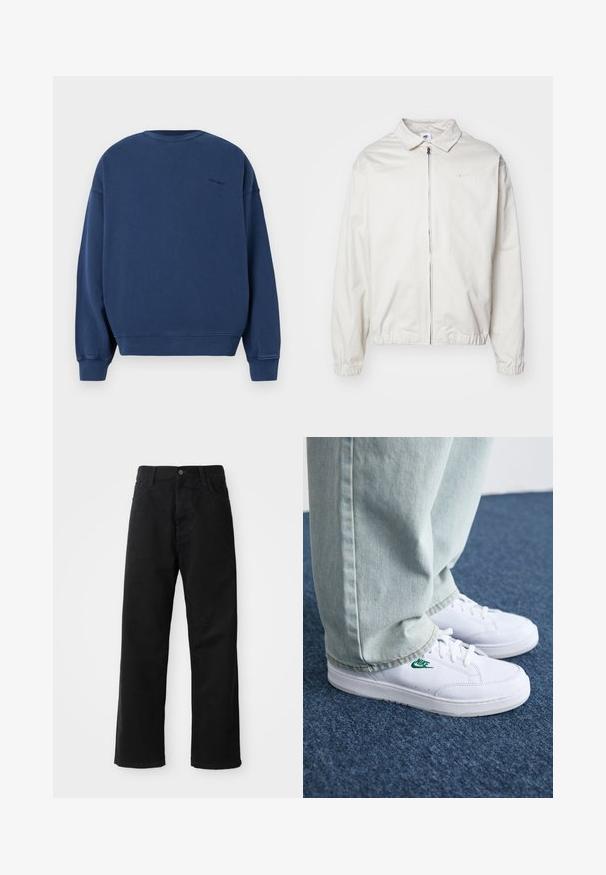 Biała, lekka kurtka Nike z kołnierzykiem, zamek błyskawiczny z przodu, elastycznymi mankietami oraz małym logo na lewej piersi. Gładka faktura.; Granatowy sweatshirt wykonany z miękkiego materiału, z długimi rękawami, okrągłym dekoltem oraz ściągaczami na mankietach i u dołu. Subtelne logo na plecach.; Czarne dżinsy o prostym kroju, z przednimi kieszeniami, zamkiem błyskawicznym i pojedynczym guzikem z przodu. Teksturowana tkanina o matowym wykończeniu.; Białe skórzane sneakersy z zielonym logo Nike, okrągły czubek, płaska podeszwa, zestawione z jasnoniebieskimi dżinsami, pokazane na niebieskim dywanie.