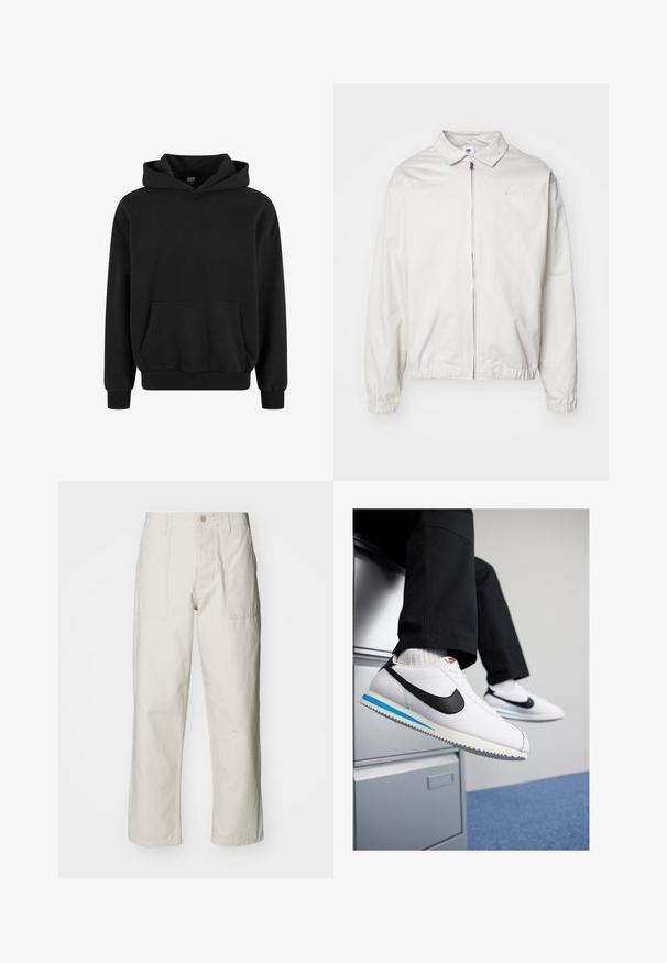 Chaqueta blanca y ligera de Nike con cuello tipo camisa, cremallera frontal, puños elásticos y un pequeño logotipo en el lado izquierdo del pecho. Textura suave.; Sudadera negra con bolsillo canguro, mangas anchas y puños y dobladillo de canalé. Fabricada con una tela suave de textura lisa.; Pantalones de pierna ancha color beige claro, hechos de algodón. Cuentan con bolsillos frontales y cierre de botón. Textura suave con sutiles líneas verticales.; Zapatillas blancas de cuero con un swoosh negro de Nike, suela de goma en azul claro y gris, y un diseño clásico de cordones. Pies apoyados en un archivero.