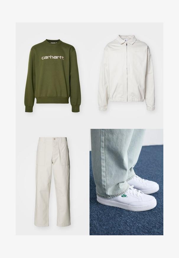 Fehér, könnyű Nike dzseki, galléros nyakkal, elöl cipzárral, elasztikus mandzsettákkal és kis logóval a bal melle részén. Simaszerű textúra.; Olívazöld, pamut keverékből készült pulóver, kerek nyakkivágással, hosszúujjakkal, bordázott mandzsettákkal és rózsaszín, hímzett "carhartt" logóval.; Világos bézs, bő szárú nadrág, pamutból készült. Elöl zsebekkel és gombos záródással rendelkezik. Simított textúrájú, finom függőleges csíkokkal.; Fehér bőr sportcipők zöld Nike logóval, kerek orral, lapos talppal, világoskék farmernadrággal párosítva, kék szőnyegen bemutatva.