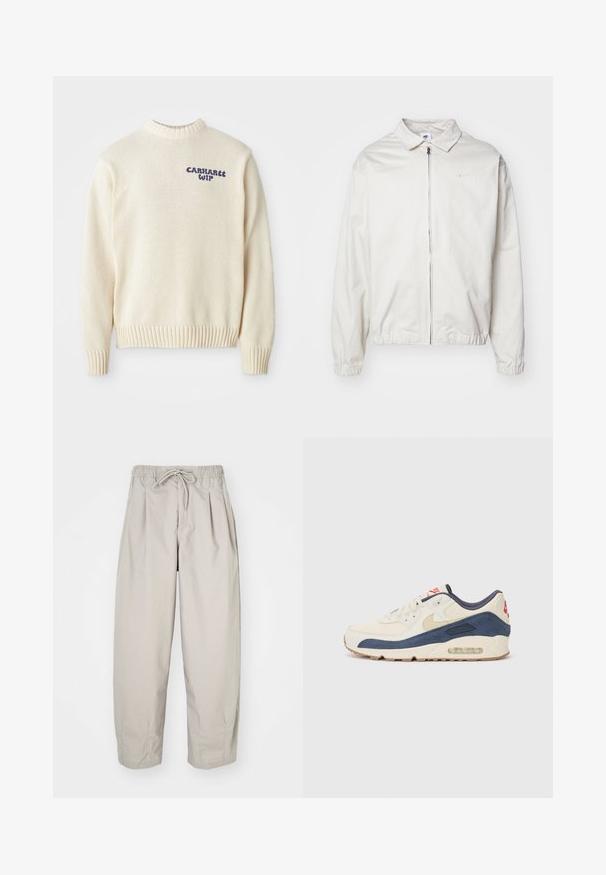 Veste Nike blanche et légère avec un col, fermeture éclair à l'avant, poignets élastiques et un petit logo sur la poitrine gauche. Texture lisse.; Pull en maille crème avec un col rond, des poignets et un ourlet côtelés, arborant le logo bleu "Carhartt WIP" sur le devant. Tissu texturé.; Pantalons beiges légers avec une taille élastique et un cordon de serrage. Caractéristiques : plis et coupe décontractée, fabriqués à partir d'un tissu doux et lisse.; Baskets avec un dessus en cuir crème et en suède bleu marine, dotées d'une semelle à air visible, d'une semelle en caoutchouc beige et d'un accent rouge au talon.