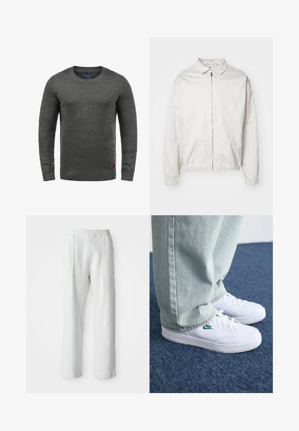 White, lightweight Nike jacket with a collared neckline, front zipper, elastic cuffs, and a small logo on the left chest. Smooth texture.; Gray knit sweater featuring a crew neckline, long sleeves, and ribbed cuffs and hem. Small brown label at the lower left side.; White casual pants with an elastic waistband and large front patch pockets, displayed on a plain light background.; White leather sneakers with green Nike logo, round toe, flat sole, paired with light blue denim pants, shown on a blue carpet.