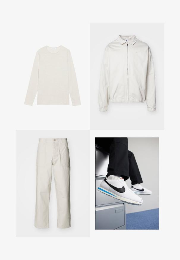 Giacca Nike bianca, leggera, con colletto, zip frontale, polsini elasticizzati e un piccolo logo sul lato sinistro del petto. Texture liscia.; T-shirt a maniche lunghe color crema realizzato in morbido tessuto a maglia. Presenta un collo tondo e una vestibilità comoda, senza motivi o dettagli visibili.; Pantaloni a gamba larga beige chiaro in cotone. Presentano tasche frontali e chiusura con bottone. Tessuto liscio con sottili linee verticali.; Sneakers in pelle bianca con uno swoosh Nike nero, suola in gomma leggera blu e grigia, e un classico design con lacci. I piedi poggiano su un armadietto.