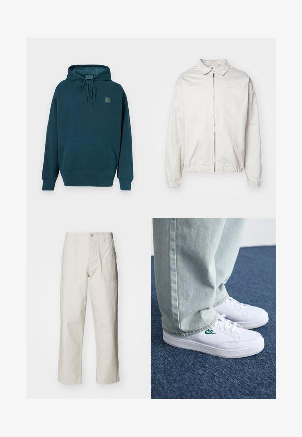 White, lightweight Nike jacket with a collared neckline, front zipper, elastic cuffs, and a small logo on the left chest. Smooth texture.; Hooded sweatshirt in dark teal fabric. Features a front kangaroo pocket, adjustable drawstrings, and a small logo patch on the chest.; Light beige wide-leg pants made of cotton. Features front pockets and a button closure. Smooth texture with subtle vertical lines.; White leather sneakers with green Nike logo, round toe, flat sole, paired with light blue denim pants, shown on a blue carpet.
