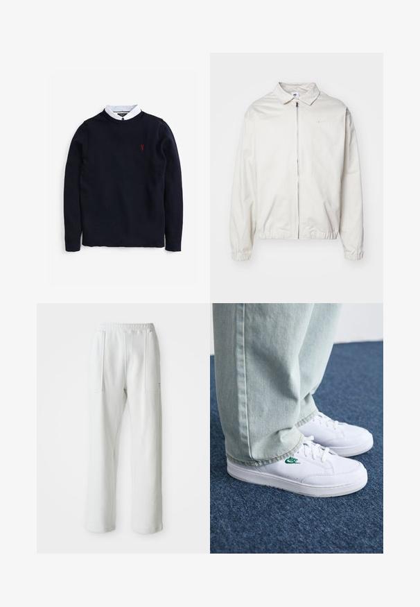 Biała, lekka kurtka Nike z kołnierzykiem, zamek błyskawiczny z przodu, elastycznymi mankietami oraz małym logo na lewej piersi. Gładka faktura.; Granatowy sweter z teksturowanym splotem, z białą koszulą włożoną na dół i małym czerwonym logo na klatce piersiowej.; Białe, casualowe spodnie z elastycznym pasem i dużymi kieszeniami naszytymi z przodu, prezentowane na jednolitym jasnym tle.; Białe skórzane sneakersy z zielonym logo Nike, okrągły czubek, płaska podeszwa, zestawione z jasnoniebieskimi dżinsami, pokazane na niebieskim dywanie.